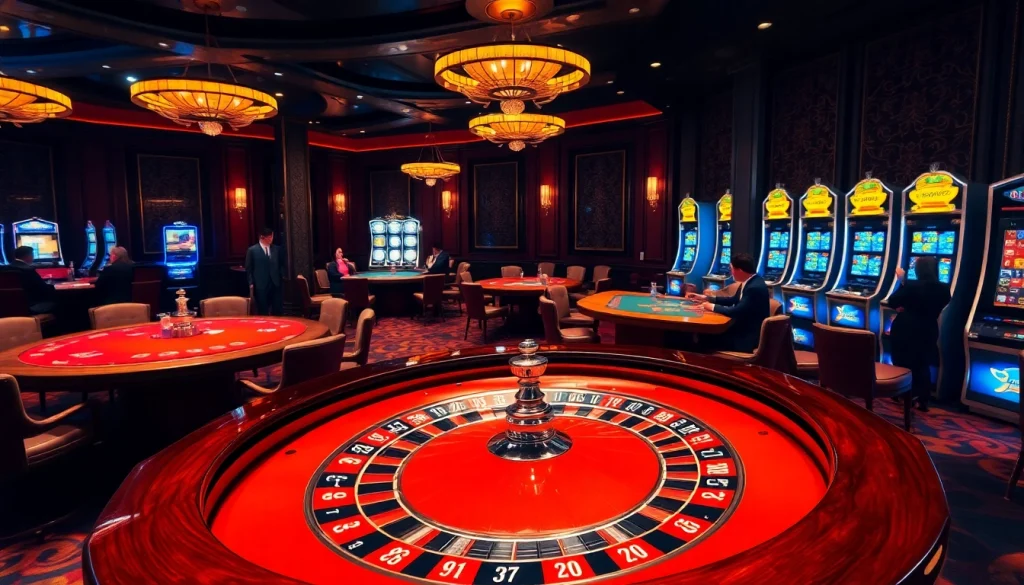 Engage in the excitement of https://f1686s.com/ featuring a luxurious casino scene with cards and roulette.