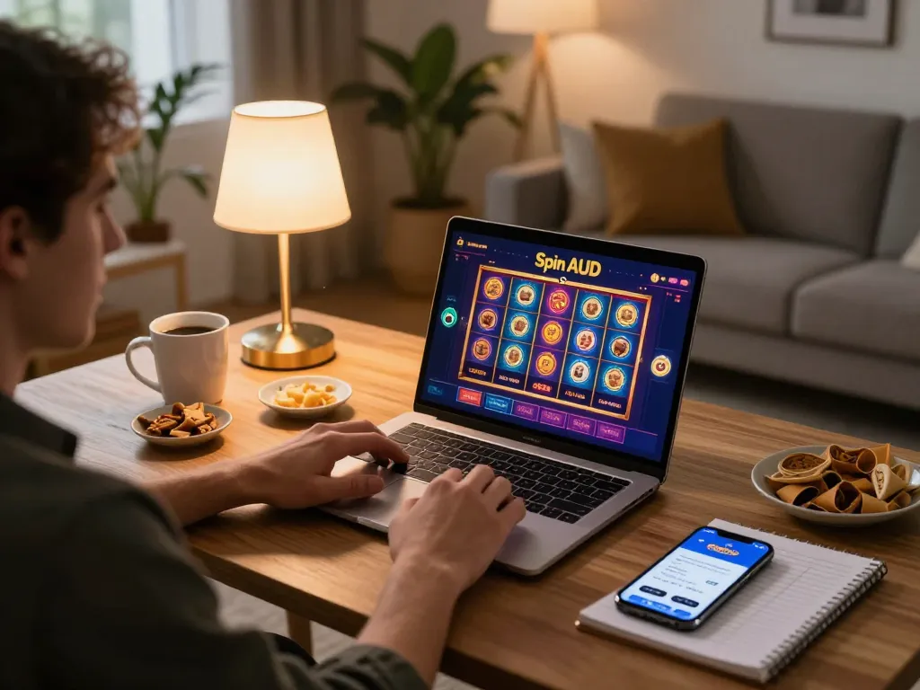 Engaging gameplay at SpinAUD online casino, showcasing vibrant slots on laptop in cozy home