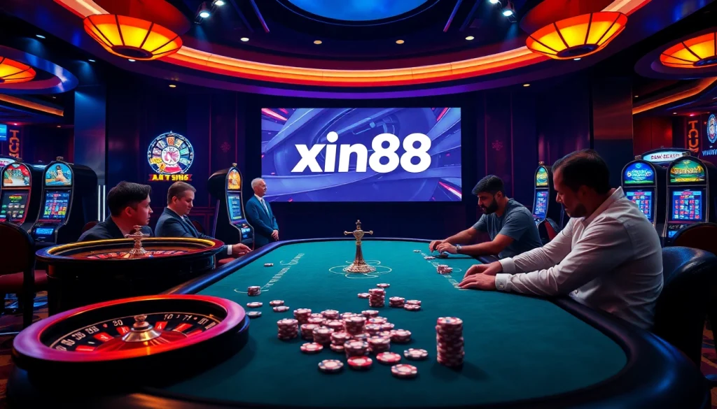players enjoy a thrilling game at xin88's luxurious casino, showcasing poker excitement