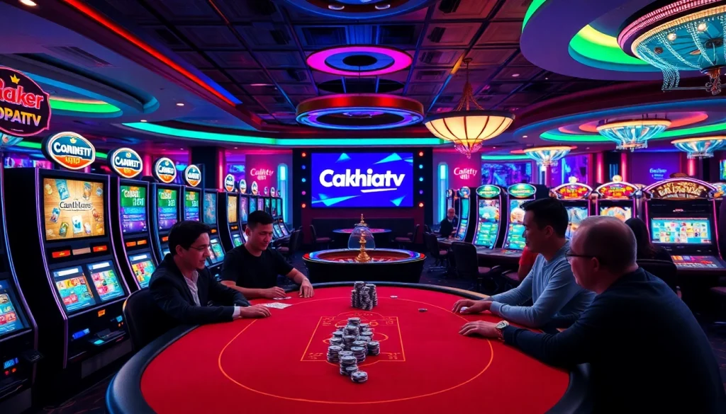 Experience the thrill of Cakhiatv in a luxurious casino setting with poker chips, tables, and excitement.