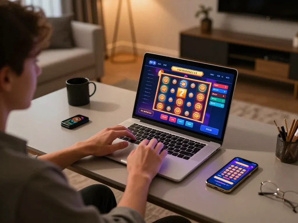 mm88 player engaging with an online casino setup on a laptop, showcasing vibrant slot graphics and modern gaming elements