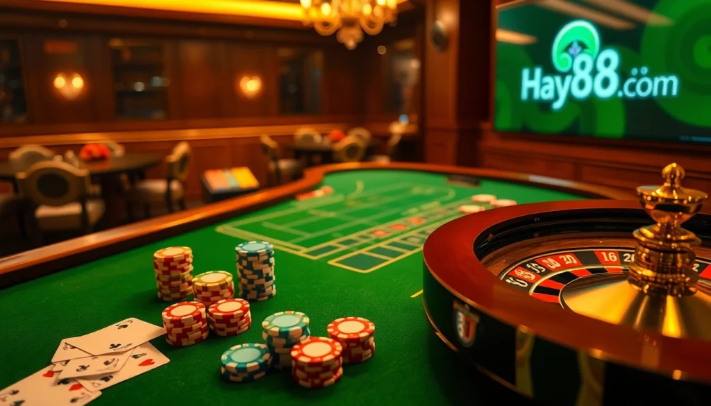 Experience the thrill of gambling with engaging visuals from Hay88 com, featuring casino tables and poker chips.