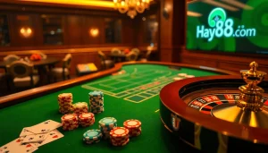 Experience the thrill of gambling with engaging visuals from Hay88 com, featuring casino tables and poker chips.