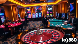Players enjoying exciting games at kg88 casino with roulette wheel and poker tables in view.
