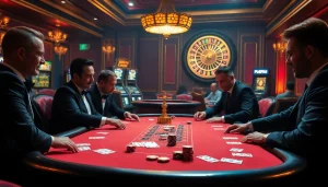 Experience mb66 action at a luxurious casino table with poker chips and cards.