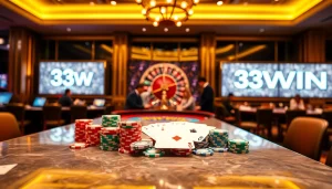 Experience thrilling gameplay at 33WIN's luxurious casino with vibrant poker chips and a spinning roulette wheel.