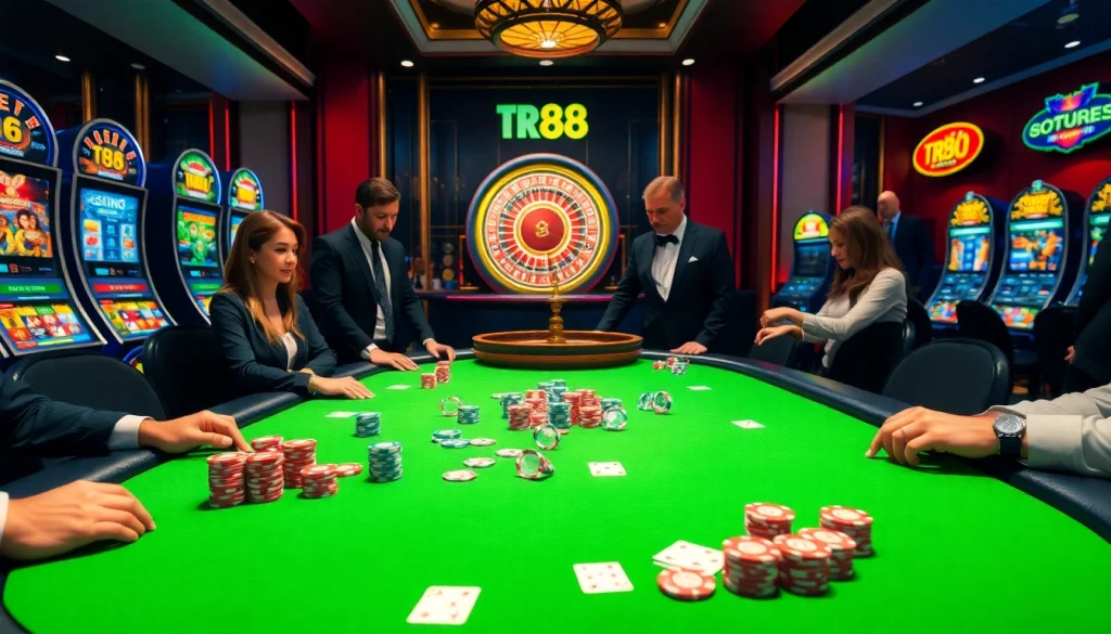 Engaging gamblers at a TR88 poker table with vibrant chips and cards under dazzling lights.