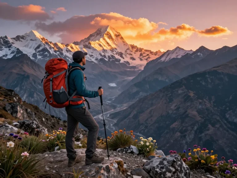 Annapurna Circuit Trek adventurer at sunset overlooking Himalayan peaks, showcasing majestic landscapes and outdoor exploration.