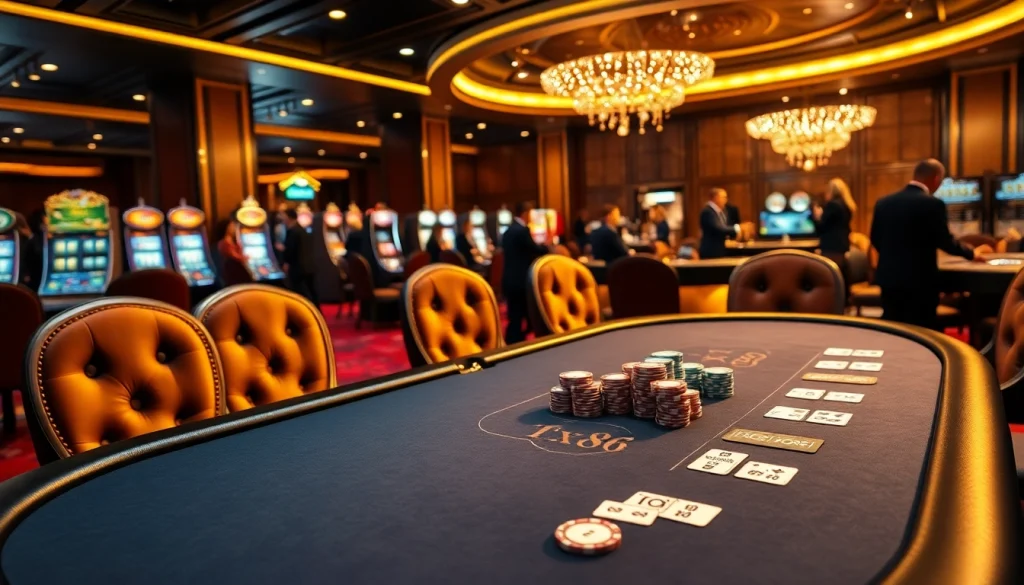 TX88 chips and cards on a luxurious poker table in a vibrant casino atmosphere.