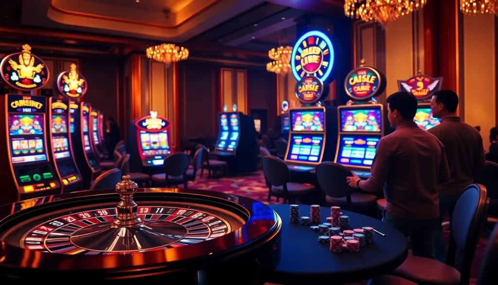 Pemain yang bersemangat menikmati bonus slot di kasino mewah, dengan mesin slot yang berwarna-warni dan roda roulette.