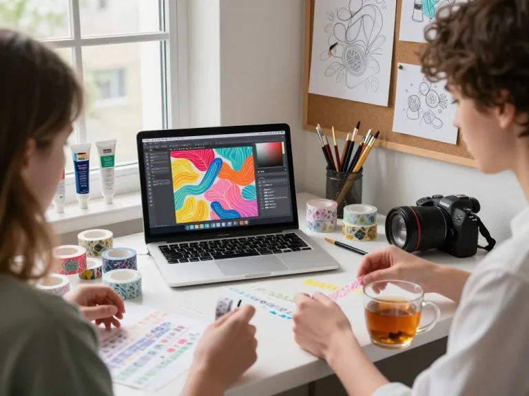 Artist designing custom washi tape with vibrant patterns in a creative studio.