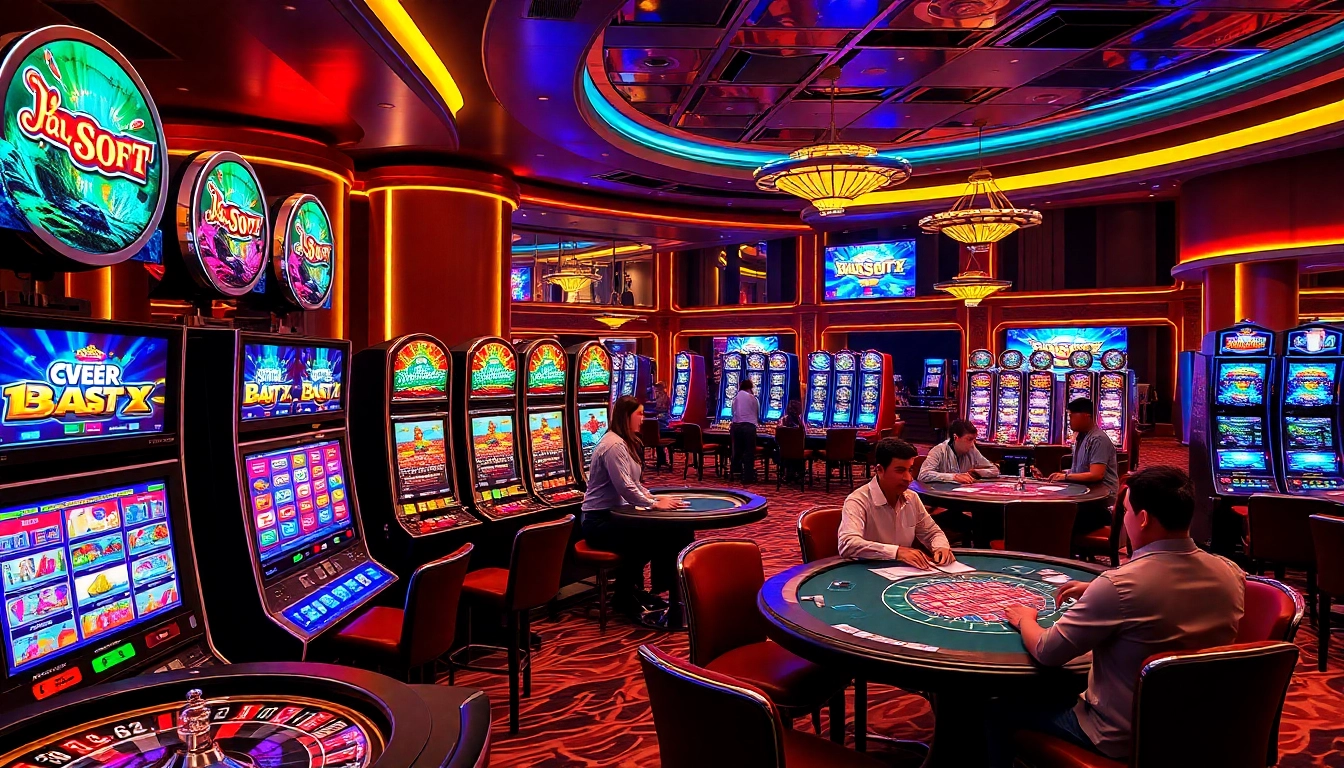 Players enjoying slot machines in a vibrant casino setting with bright screens and luxurious decor.