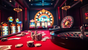 Players enjoying an engaging poker game at 13win casino, displaying high-stakes chips and cards.