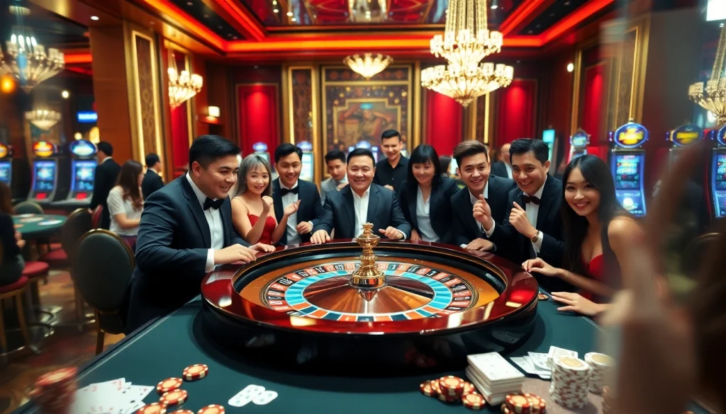 Players enjoying the excitement of RR99 at a luxurious roulette table in a vibrant casino.