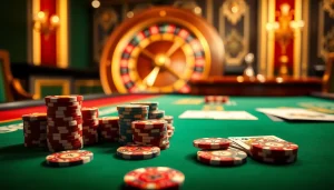 33WIN poker table featuring vibrant chips and cards in a luxurious casino setting.