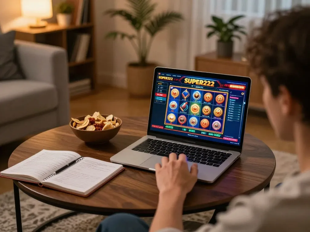Player explores Super222 online casino gaming on a laptop, showcasing home comfort and strategic engagement.
