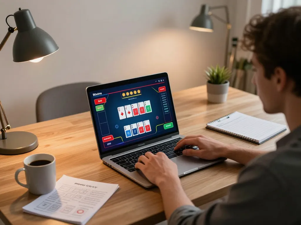 Engaging in online เว็บตรงสล็อต gameplay with poker interface visible on high-resolution laptop.