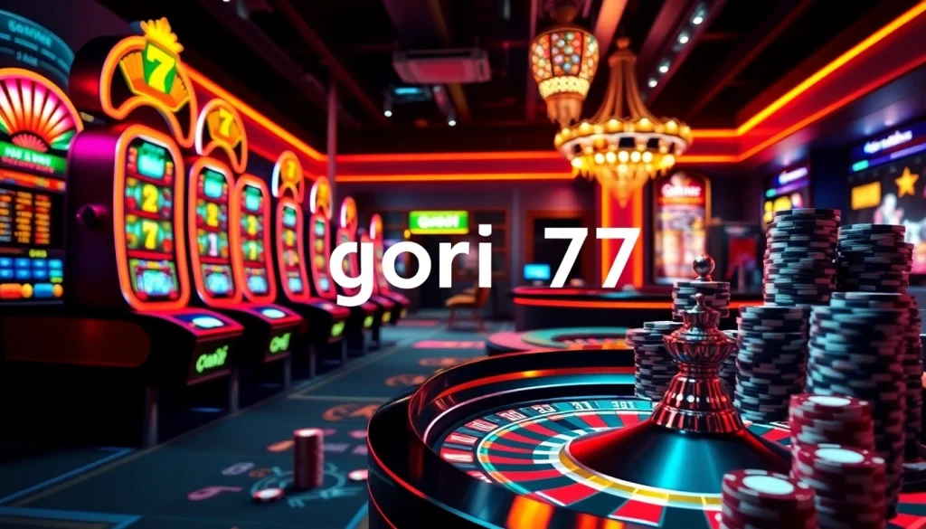 Engaging digital casino scene showcasing gori77 with slot machines, roulette wheel, and poker chips.