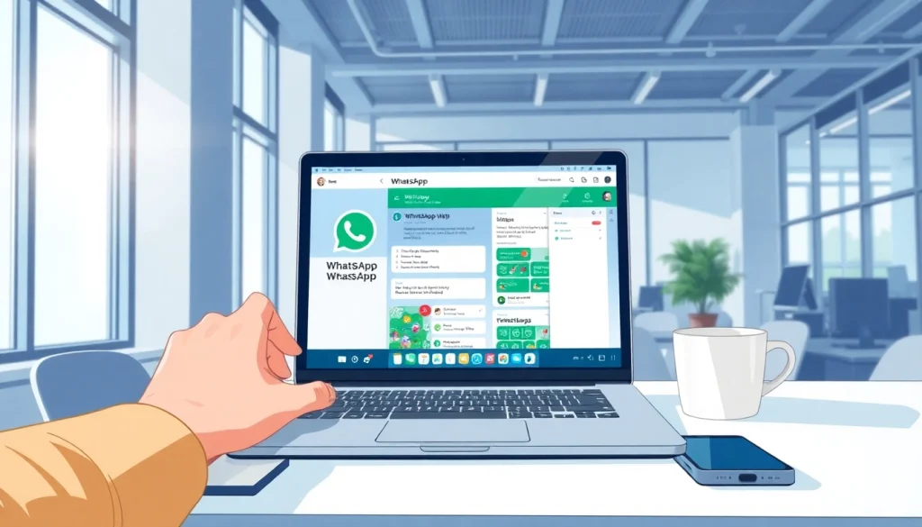 WhatsApp Web interface displayed on a laptop in a modern office setting, highlighting efficient communication.