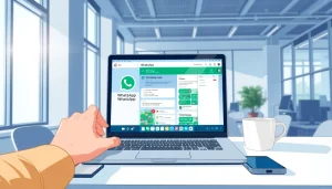 WhatsApp Web interface displayed on a laptop in a modern office setting, highlighting efficient communication.