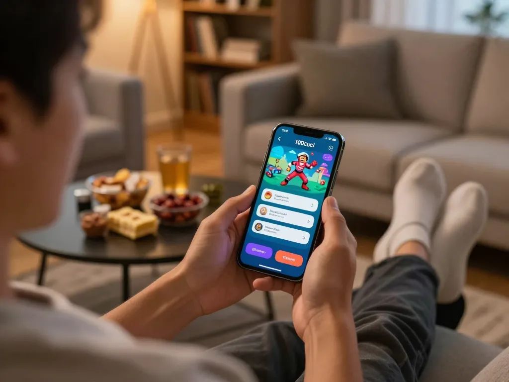 Momen menarik seorang pemain menggunakan log masuk aplikasi 100cuci di telefon pintar semasa sesi permainan di rumah yang selesa