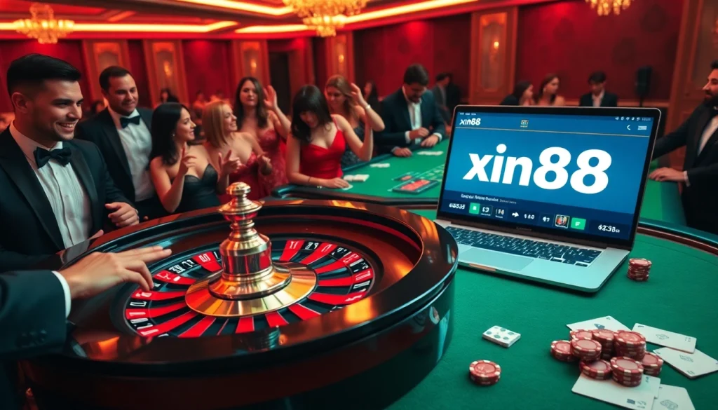 Experience the thrill of gambling at xin88 with a vibrant casino scene featuring a roulette table.