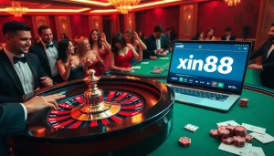 Experience the thrill of gambling at xin88 with a vibrant casino scene featuring a roulette table.