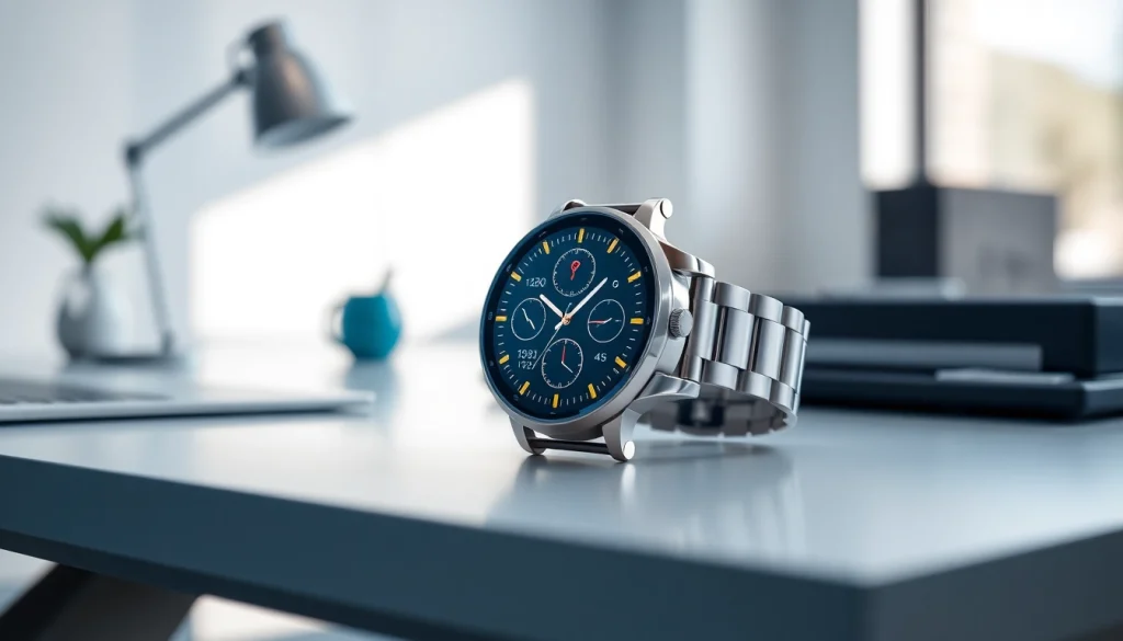 Finesse Smart Watch showcasing health metrics on a modern desk, highlighting style and technology.