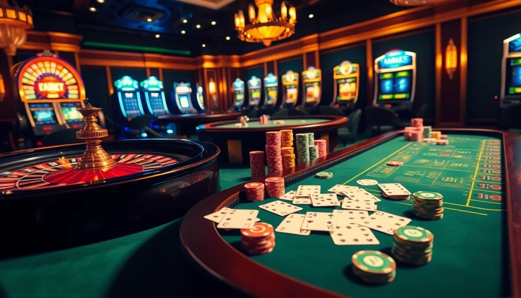 Découvrez l'excitation d'un casino en ligne argent réel animé avec des tables de poker et des jetons colorés.