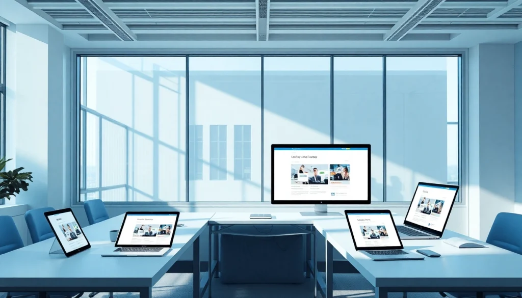 Responsive web design NYC showcased in a modern office setting with digital screens and collaborative furniture.