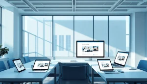 Responsive web design NYC showcased in a modern office setting with digital screens and collaborative furniture.