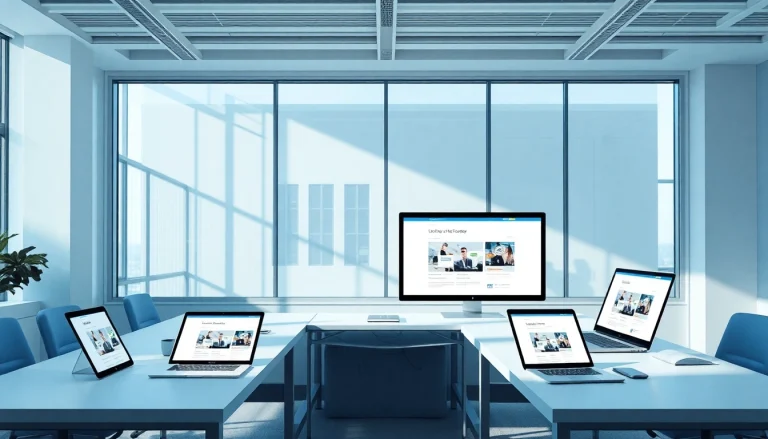 Responsive web design NYC showcased in a modern office setting with digital screens and collaborative furniture.