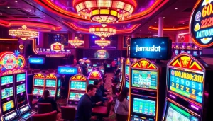 Exciting players winning big at jamuslot slot machines in a vibrant casino ambiance.