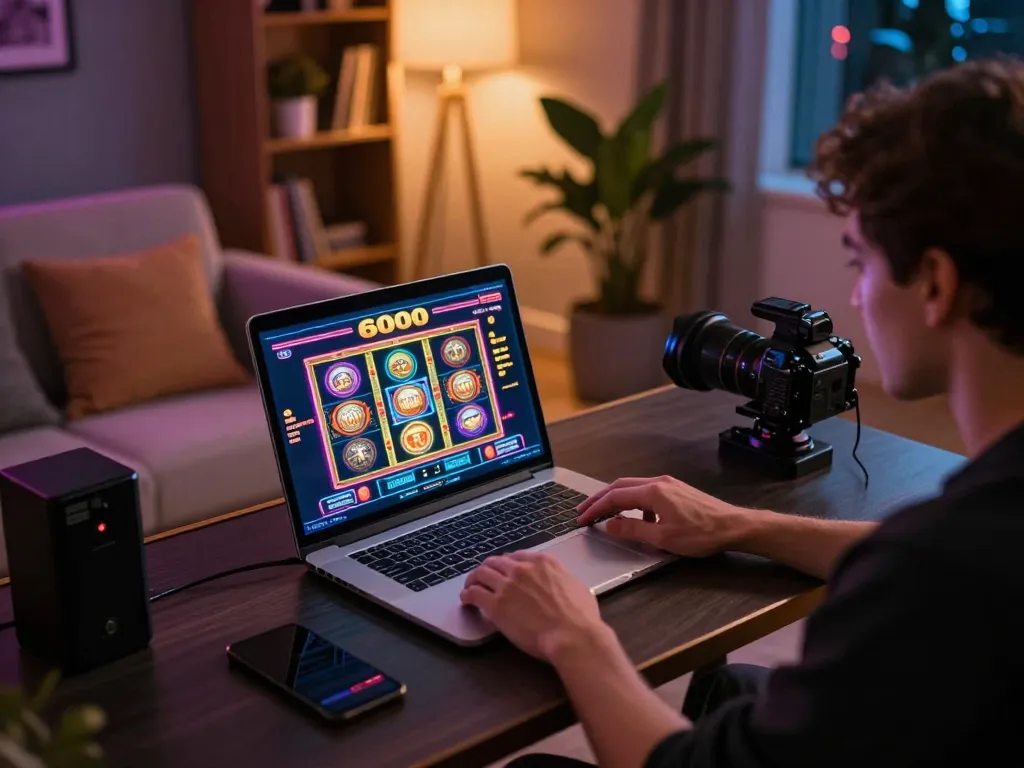 Engaging player enjoying slot6000 online gaming experience at a stylish home desk.
