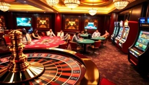Players enjoying a thrilling game at RR88's luxurious casino tables with roulette and poker.