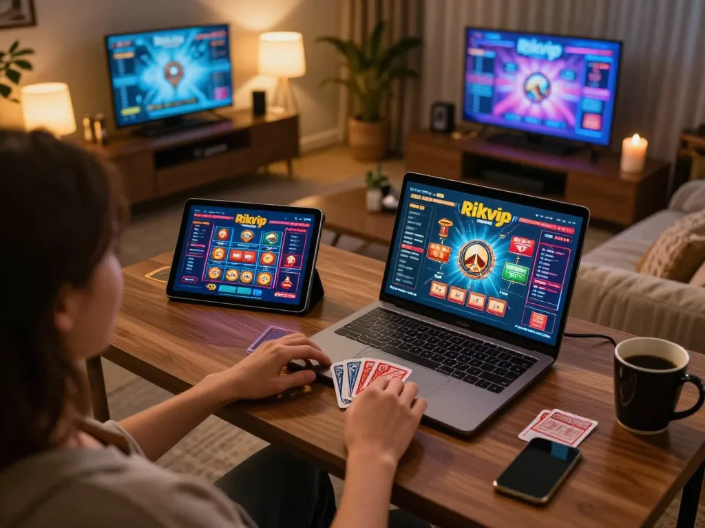 Engaging in online rikvip gaming using laptop and tablet in a cozy home setting