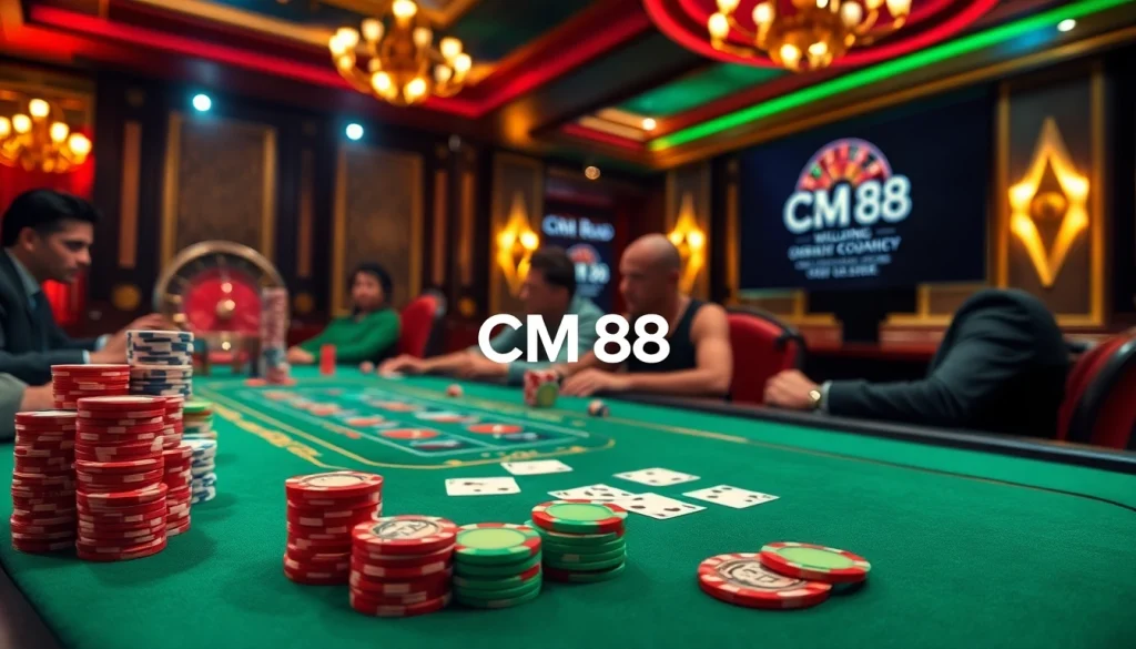 Experience high-stakes poker at CM 88 with vibrant chips and cards in a luxurious casino.