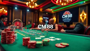 Experience high-stakes poker at CM 88 with vibrant chips and cards in a luxurious casino.