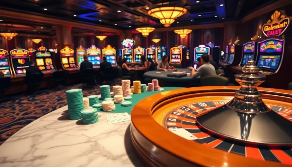 Experience the thrill of winning at https://79king.hiphop/ with an elegant poker table and vibrant slot machines.