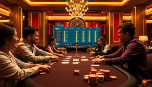 Excited players winning at poker in a luxurious atmosphere at 78Win casino.