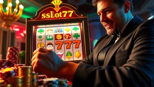 Player enjoying a thrilling moment at the slot777 machine in a vibrant casino setting.