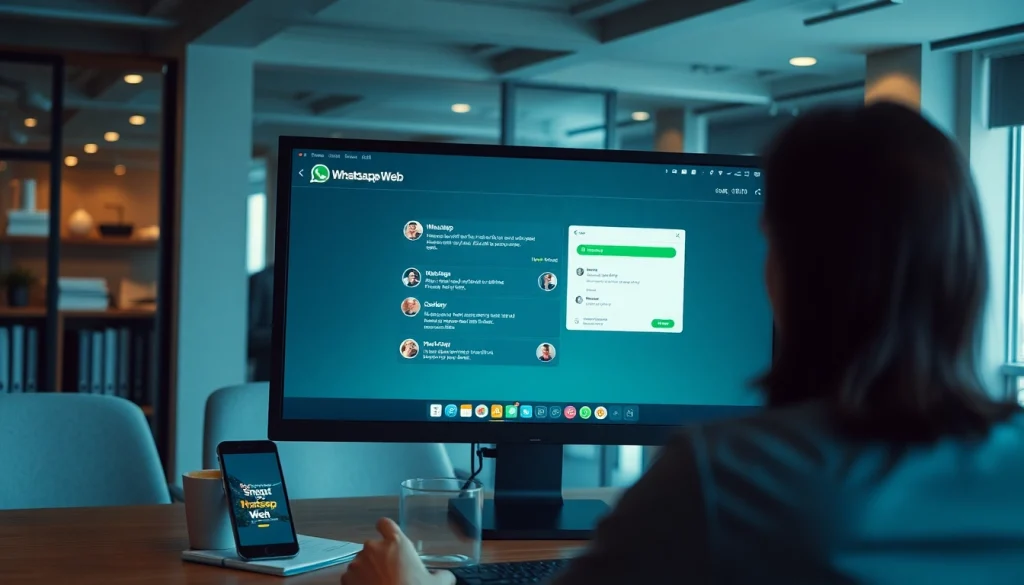 Person using WhatsApp Web on a desktop computer, showcasing chat features and professional workspace.
