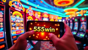 Players enjoying the 555win online slot experience with vibrant graphics and winning tokens in a dynamic casino setting.