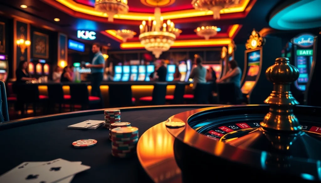 KJC showcases an upscale casino environment with poker tables, roulette wheels, and vibrant gambling activities.