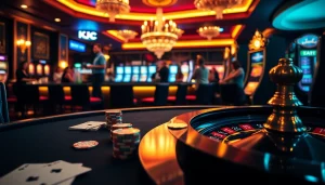 KJC showcases an upscale casino environment with poker tables, roulette wheels, and vibrant gambling activities.