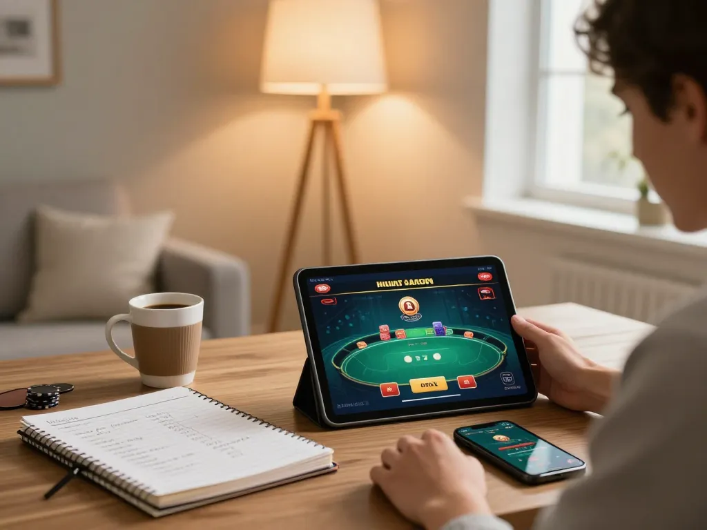 Player enjoying TR88 online casino poker game on a tablet in a cozy home setup.