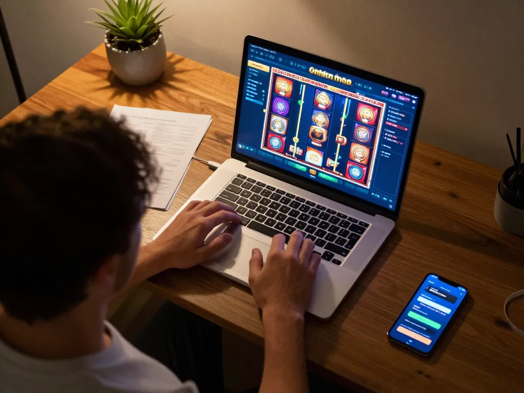 Player engaging with nohu's online slots, illuminated desktop, showcasing vibrant graphics and gaming notes.