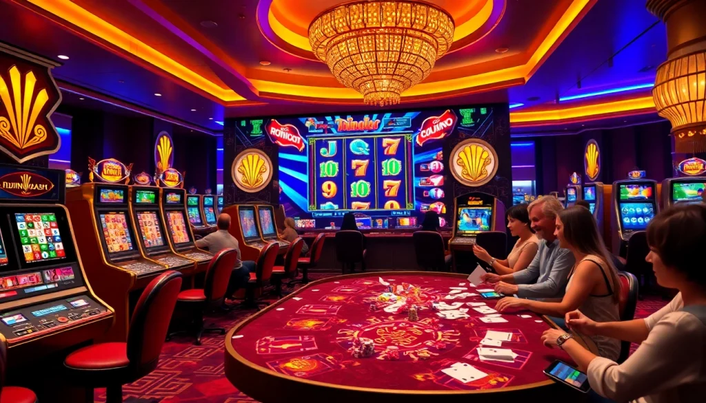 Players enjoying idnslot at an upscale casino, featuring vibrant games and joyful interactions.