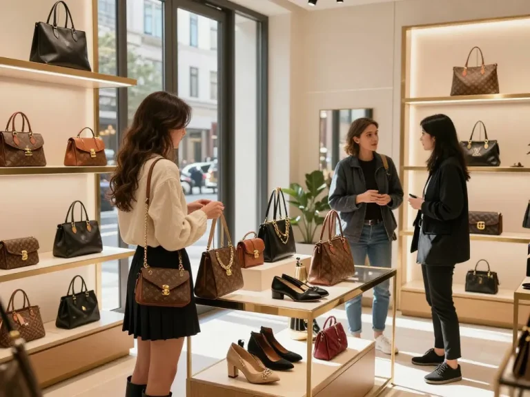 Stylish woman exploring luxury 레플리카 handbags in a chic boutique.