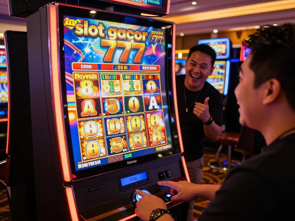 Player experiencing excitement at a slot gacor 777 machine, demonstrating the thrill of winning.